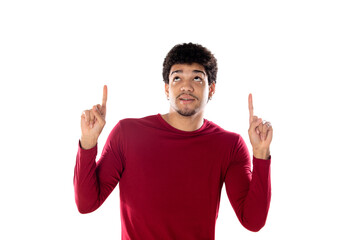 Cute african american man with afro hairstyle wearing a burgundy T-shirt