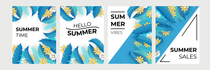 Set of floral flower leaf menu flyer design templates. Vector illustration with realistic tropical summer color. Brochures design for promo posters or covers in A4 format size.