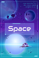 Wall Mural - space poster with spaceship in cosmos with alien planets, asteroids and stars. design template of ex