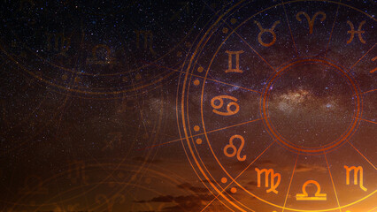 astrological zodiac signs inside of horoscope circle. astrology, knowledge of stars in the sky over 
