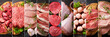 food collage of various types fresh meat, top view