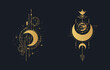 Esoteric geometric moon print set. Mystic tattoo in boho style. Celestial poster. Spiritual lunar illustration.