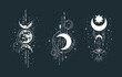 Geometric celestial half moon illustration set. Mystical lunar phase tattoo. Spiritual esoteric prints.