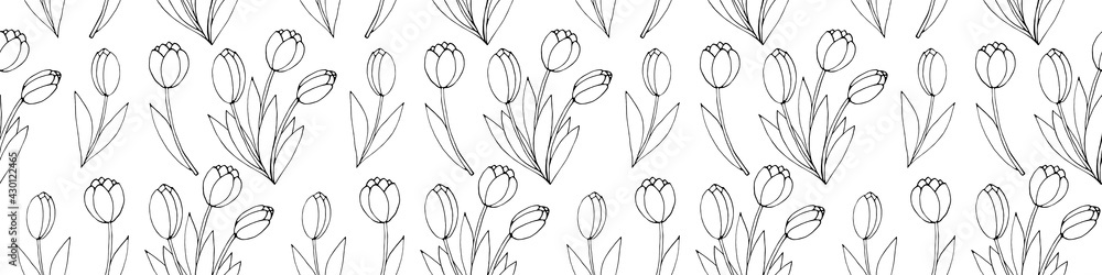 Vector seamless pattern with outline Bouquet of three flowers of tulips. Hand drawn doodle spring texture, background. For wrapping paper, coloring page, mother's or women's or Valentine's Day - obrazy, fototapety, plakaty 