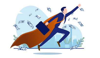 Business Superhero - Businessman in cape flying upwards to success with money in mid air. Successful career and aspiration concept. Vector illustration with white background.