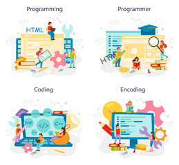 Wall Mural - programming concept set. it education, student writing a software