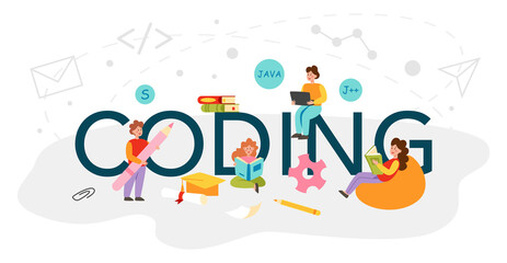 Codding typographic header. IT education, student writing a software