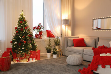 Wall Mural - Living room with Christmas decorations. Festive interior design