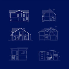 Wall Mural - Best interesting architectural vector blueprints. Set of cross-sections suburban houses isolated on blue background.