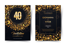 40th Years Birthday Vector Black Paper Luxury Invitation Double Card. Fourty Years Wedding Anniversary Celebration Brochure. Template Of Invitational For Print Dark Background With Bokeh Lights.