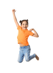 Sticker - Cute little girl jumping on white background