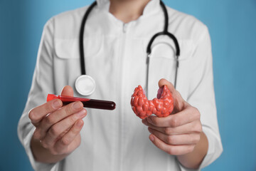 Canvas Print - Doctor holding plastic model of afflicted thyroid and blood sample on light blue background, closeup