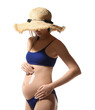 © New Africa - Pregnant woman applying sun protection cream on her belly against white background