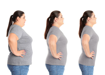 Sticker - Woman before and after weight loss on white background, collage