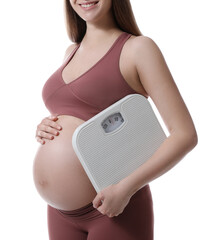 Canvas Print - Pregnant woman with scales on white background, closeup