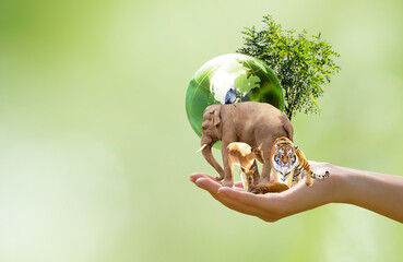 earth day or world animal day concept. saving planet, protect wildlife nature reserve, protection of