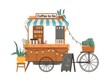 Coffee Mobile Bike Kiosk Isolated Small Takeout Takeaway Shop. Vector Street Food Cart With Awning, Trolley Small Market On Wheels With Hot Drinks And Beverages. Potted Plants And Lamps Garland