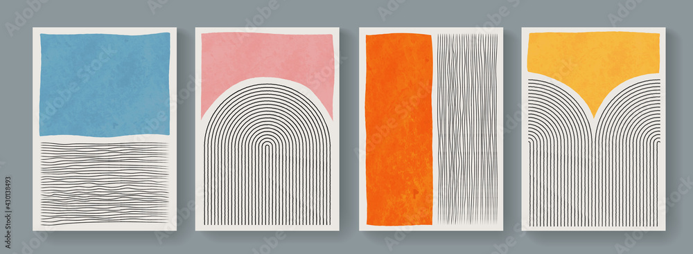 Set of minimal geometric posters. Mid-Century Modern Art with Watercolor Shapes. Trendy artistic abstract background. - obrazy, fototapety, plakaty 