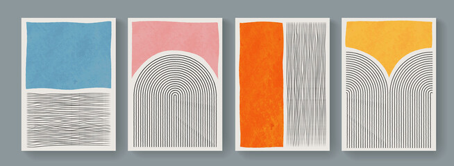 set of minimal geometric posters. mid-century modern art with watercolor shapes. trendy artistic abs
