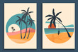 Abstract coloful landscape poster collection. Set of contemporary art beach print templates. Nature backgrounds for your social media. Sun and moon, sea, mountains, ocean, palms.