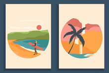 Abstract Colourful Landscape Poster Collection. Set Of Contemporary Art Beach Print Templates. Nature Backgrounds For Your Social Media. Sun And Moon, Sea, Mountains, Ocean, Palms, Surfers.