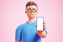 Handsome Cartoon Character Man In Glases Show Smartphone With White Blank Mock Up Screen Over Pink Background.