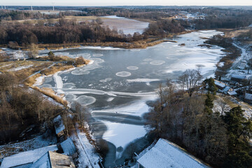 Wall Mural - Aerial view of Alsunga village in winter, Latvia.