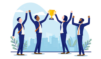 Diverse business teamwork winners - Group of businesspeople standing with arms raised winning trophy and celebrating. Success concept. Vector illustration with white background.