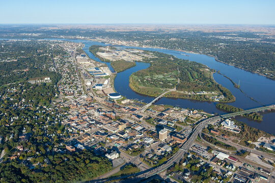 aerial view of moline, illinois on mississippi river
