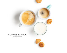 Coffee Cups, Glass Of Milk And Sweets Creative Layout.