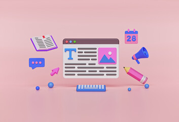 Wall Mural - content writer, blog articles creation, freelance work concept. creative design. 3d rendering