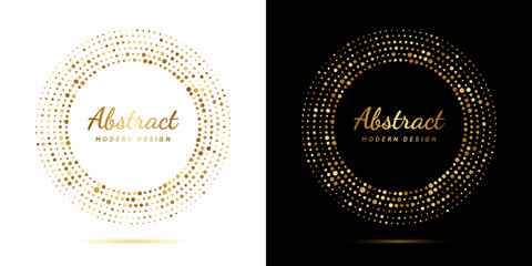 Circle gold dot frame. Luxury circular border with effect halftone. Elegant sphere boarder. Modern golden ring. Faded dots. Shape round pattern. Delicate graphic element for design prints. Vector