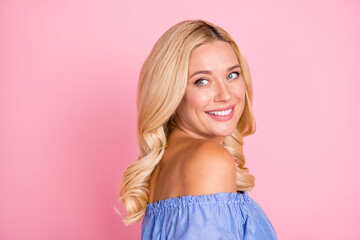 Sticker - Photo of young lovely happy positive cheerful dreamy girl smiling look copyspace isolated on pink color background