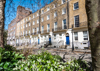 Wall Mural - Georgian terraced town houses, London. A bright spring view of a row of typical London town houses on a quiet street without traffic or parked cars.