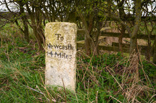 Milestone To Newcastle On A696 Near Belsay, Where 
 There Are Several Ancient Marker Posts On The Rural A696 Road In Northumberland