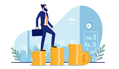 Leinwandbilder - Successful businessman walking up stack of money - Rich man having success in career and earning more and more money. Vector illustration on white background.