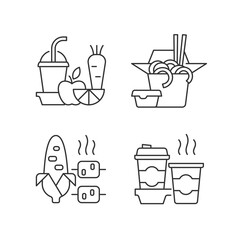 Poster - Takeaway and delivery option linear icons set. Fresh juice. Chinese food. Boiled, grilled corn. Coffee. Customizable thin line contour symbols. Isolated vector outline illustrations. Editable stroke