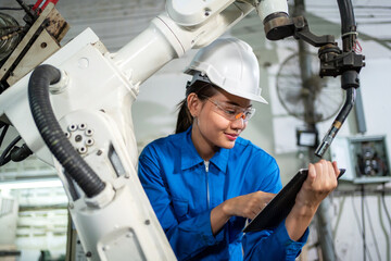 Close up engineer woman looking at tablet and read instruction on how to use robotic arm machine in the factory. Worker wearing safety helmet, glasses and uniform. Technology and industrial from ai