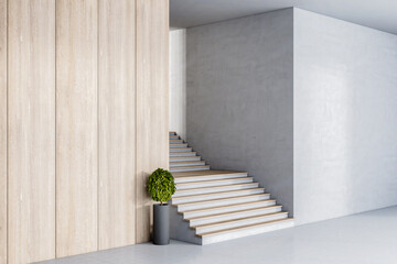 Perspective view on wooden and concrete stairs between wooden and concrete wall at the entrance. 3D rendering, mock up