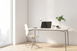 © Who is Danny - Sunny stylish work place in home office area with light wooden chair and table and city view from big window