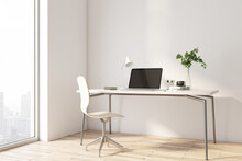 Sunny Stylish Work Place In Home Office Area With Light Wooden Chair And Table And City View From Big Window