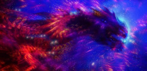 Poster - Cosmic dragon in space and stars, blue and red cosmic abstract background. Fire effect
