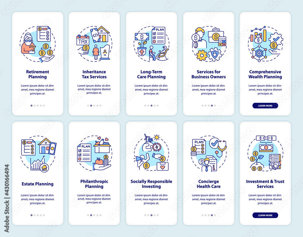 Wealth planning onboarding mobile app page screen with concepts set ...