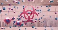 Animation Of Biohazard Sign And Covid 19 Cells Floating Over Cityscape On Pink Background