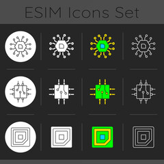 Poster - Microcircuits dark theme icons set. Computer device ports. Stable connection between computer components. Linear white, solid glyph and RGB color styles. Isolated vector illustrations