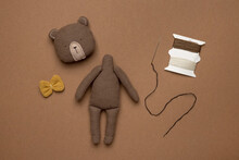 Sewing A Teddy Bear With Your Own Hands. Hobbies. Fabric, Tools And Materials For Needlework.Diy Toy