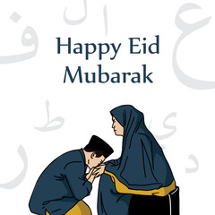 Wall Mural - happy eid mubarak greeting with an illustration of a person kissing his mother's hand, with a flat white background