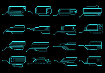 Poster - HUD callout titles, information call box bars and digital info boxes. Modern technology neon colored vector elements. Futuristic ui design for game or user app interface isolated on black background