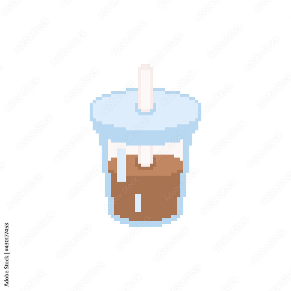 Vetor Pixel coffee cup illustration icon. Vector pixel art coffee cup and  straw. 8 bit retro game style drink coffee cup icon. Pixel coffee cup with  straw isolated icon. do Stock |