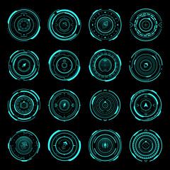 Fototapete - HUD compass, aim control panel or navigation interface. Futuristic vector optical round aiming, sci-fi spaceship dashboard neon glowing elements. Modern techno display, digital focus indication set